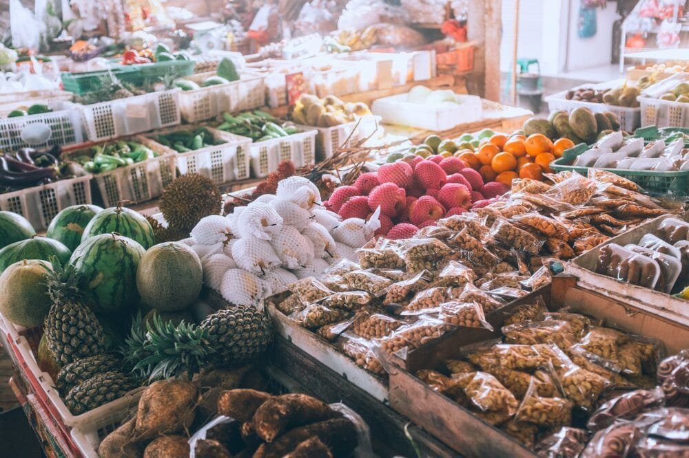 assorted tropical fruits at local market