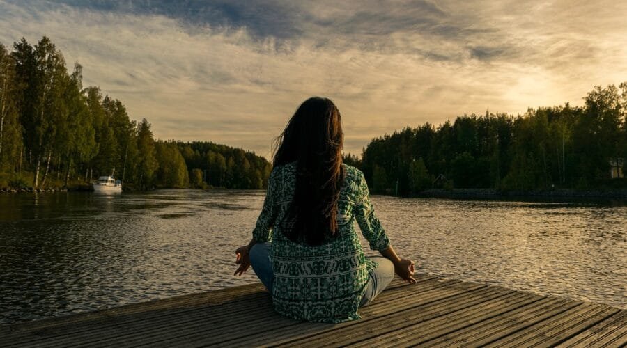 yoga, woman, lake