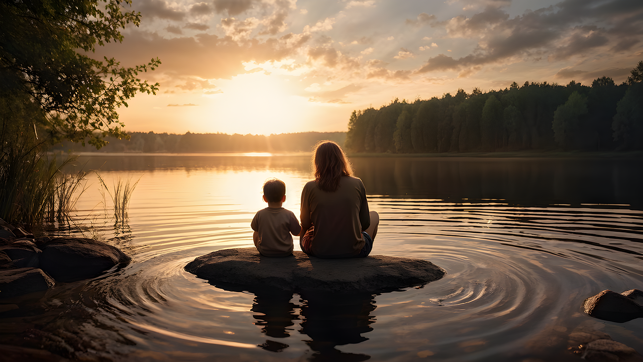 ai generated, lake, mindful parenting, sunset, mom, son, nature, conscious parenting, attentive parenting, intentional parenting, nurturing parenting, family mindfulness, empathy, vida, propiia vida,, mindful discipline, holistic parenting, parenting mindfulness, compassionate parenting