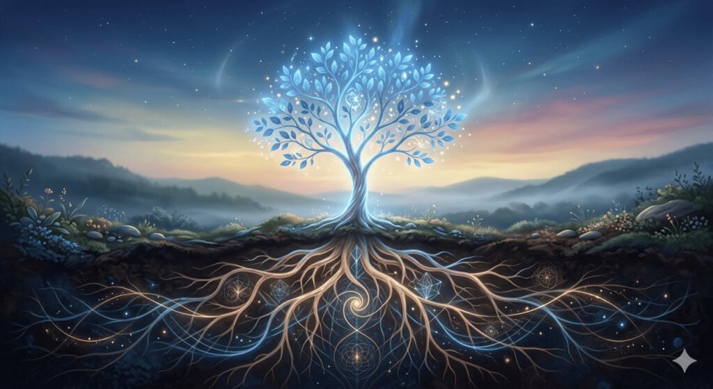 enraizar tu marca, marca con propósito, Árbol con raíces y estrellas brillantes.