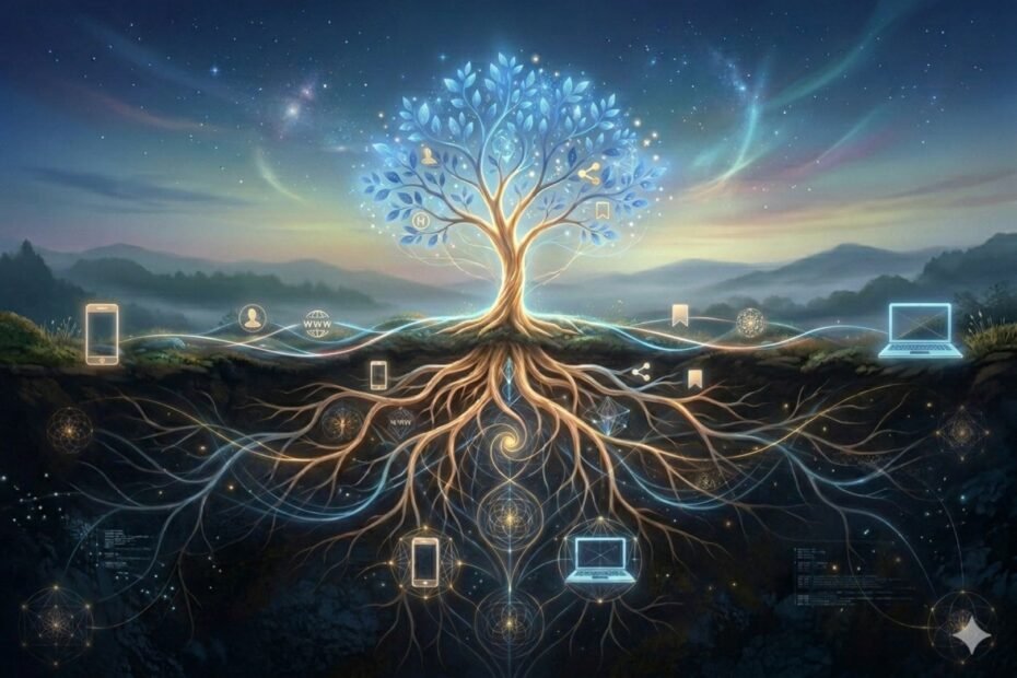 enraizar tu marca, Árbol digital con raíces tecnológicas. AI Gemini