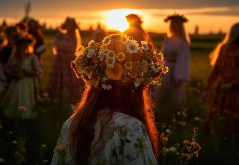 ai generated, solsticio de junio, ritual de solsticio, woman, nature, flower wreath, sunset, solstice, sun