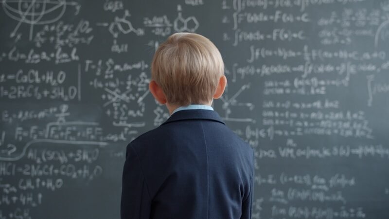 La Maestra, el perfume de una mamá 1 maestra, Young boy in suit looks at chalkboard equations